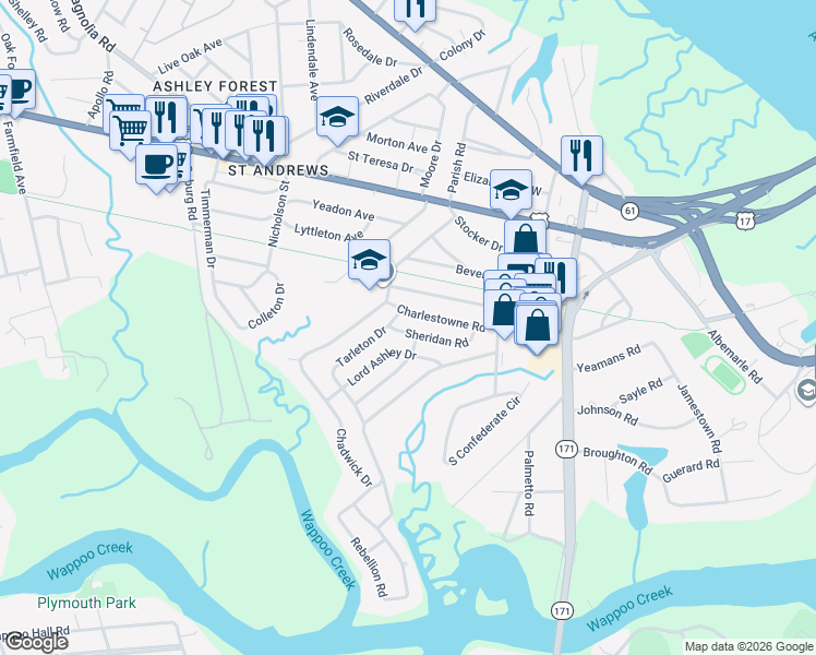 map of restaurants, bars, coffee shops, grocery stores, and more near 20 Sheridan Road in Charleston