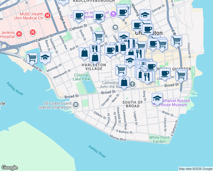 map of restaurants, bars, coffee shops, grocery stores, and more near 8 Trapman Street in Charleston
