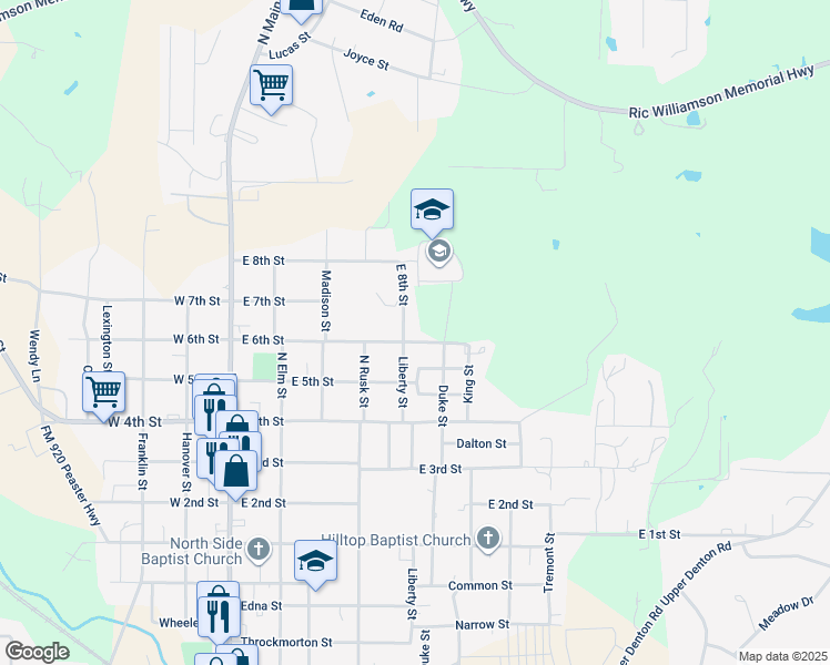 map of restaurants, bars, coffee shops, grocery stores, and more near 503 East 6th Street in Weatherford