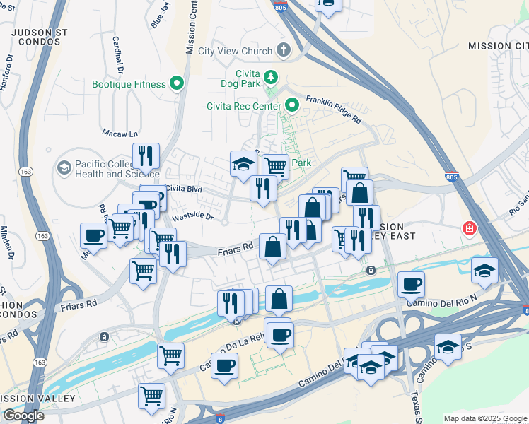 map of restaurants, bars, coffee shops, grocery stores, and more near 7995 Civita Boulevard in San Diego