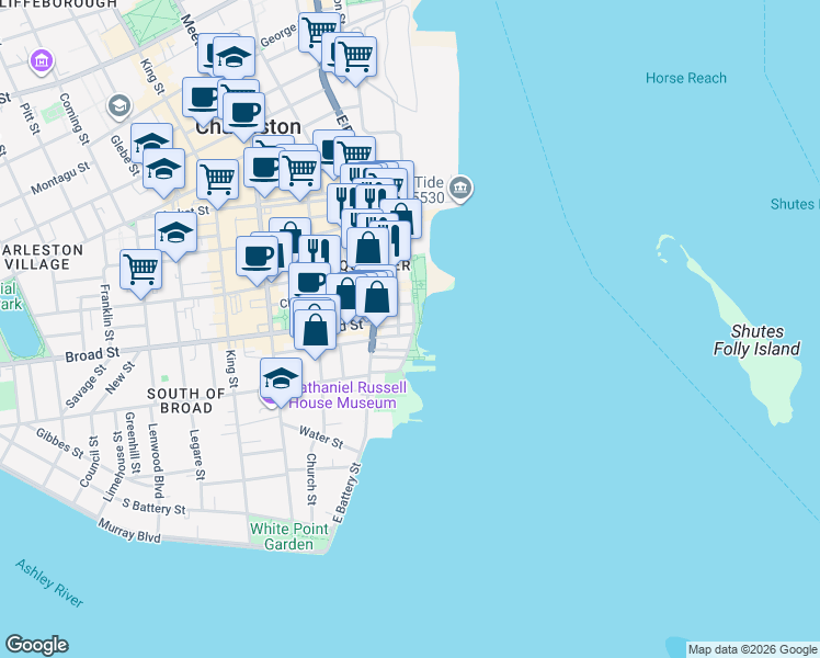 map of restaurants, bars, coffee shops, grocery stores, and more near 8 East Elliott Street in Charleston