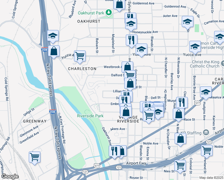 map of restaurants, bars, coffee shops, grocery stores, and more near 2411 Lillian Street in Fort Worth