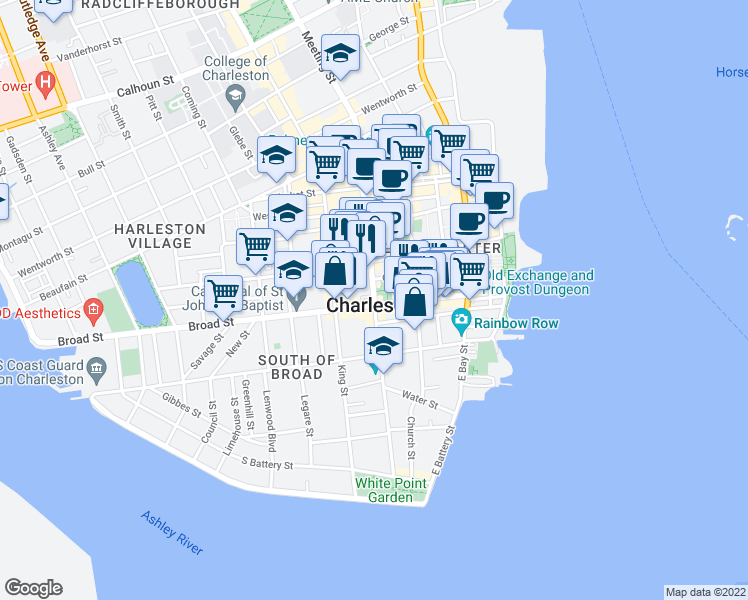 map of restaurants, bars, coffee shops, grocery stores, and more near 80 Meeting St in Charleston