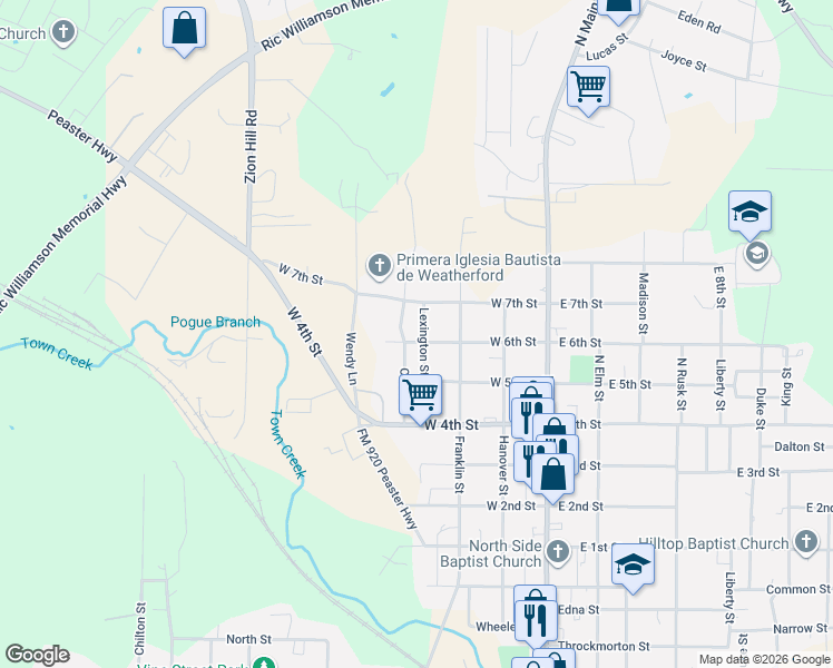 map of restaurants, bars, coffee shops, grocery stores, and more near 1501 Oliver Street in Weatherford