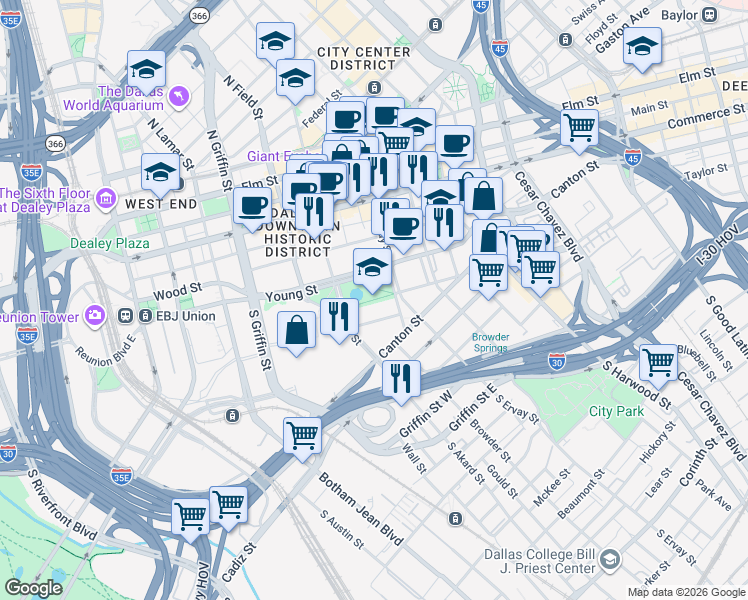 map of restaurants, bars, coffee shops, grocery stores, and more near in Dallas