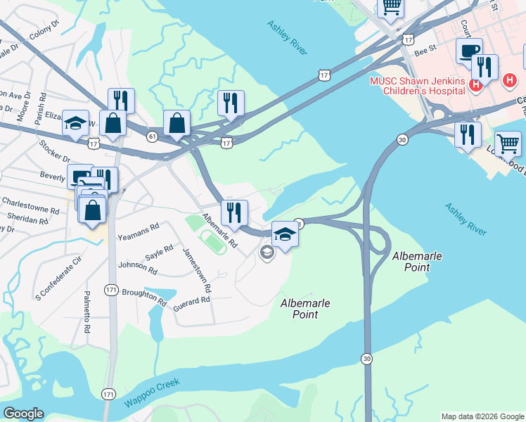 map of restaurants, bars, coffee shops, grocery stores, and more near 9 Transom Court in Charleston