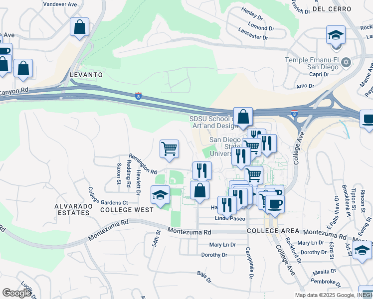 map of restaurants, bars, coffee shops, grocery stores, and more near 5430 55th Street in San Diego