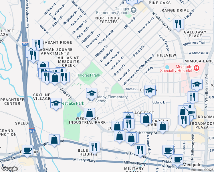 map of restaurants, bars, coffee shops, grocery stores, and more near 1035 Cascade Street in Mesquite