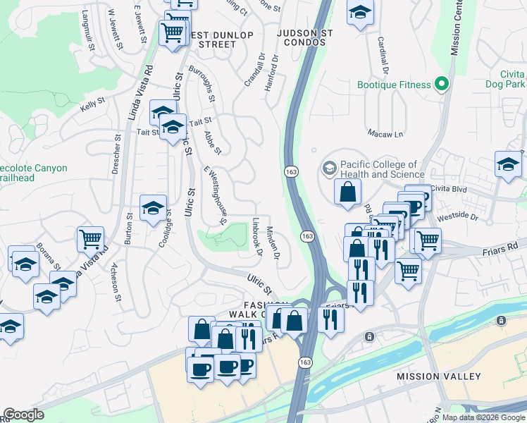 map of restaurants, bars, coffee shops, grocery stores, and more near 1754 Linbrook Drive in San Diego