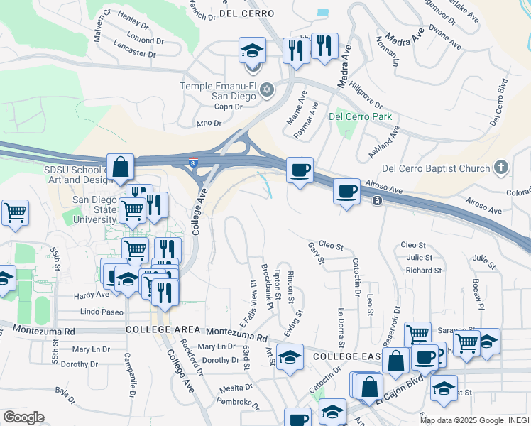 map of restaurants, bars, coffee shops, grocery stores, and more near 6363 Alvarado Court in San Diego