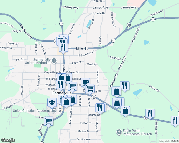 map of restaurants, bars, coffee shops, grocery stores, and more near 500-598 East Green Street in Farmerville