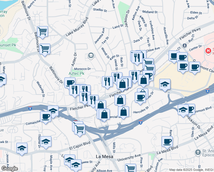map of restaurants, bars, coffee shops, grocery stores, and more near 5365 Marengo Avenue in La Mesa