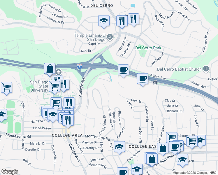map of restaurants, bars, coffee shops, grocery stores, and more near 6363 Alvarado Court in San Diego