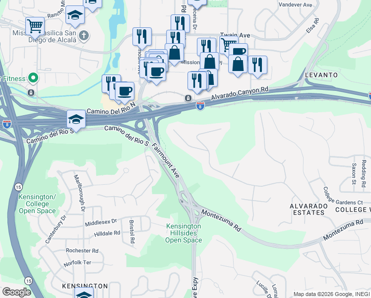 map of restaurants, bars, coffee shops, grocery stores, and more near 4505 Palo Verde Terrace in San Diego