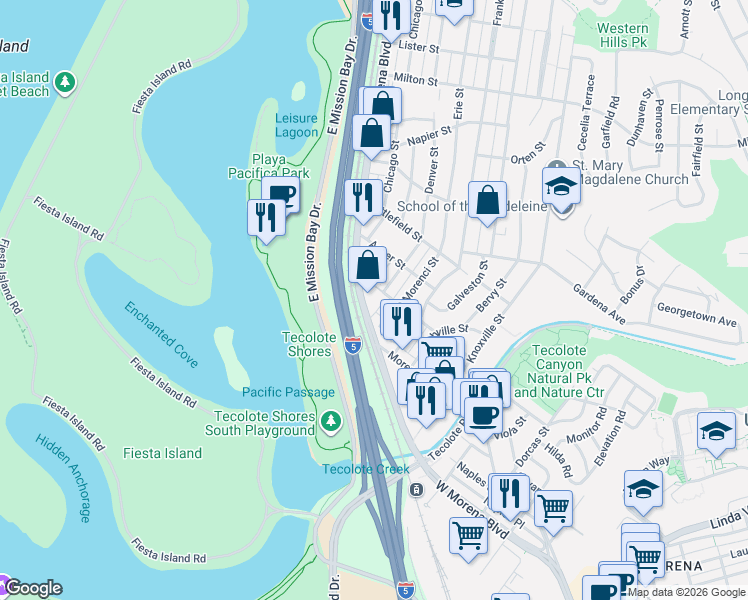 map of restaurants, bars, coffee shops, grocery stores, and more near 1675 Morena Boulevard in San Diego