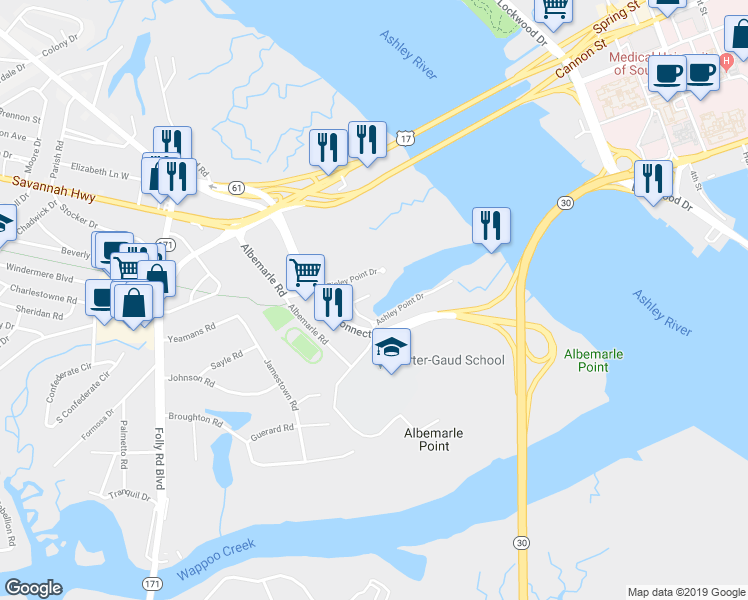 map of restaurants, bars, coffee shops, grocery stores, and more near 9 Transom Court in Charleston