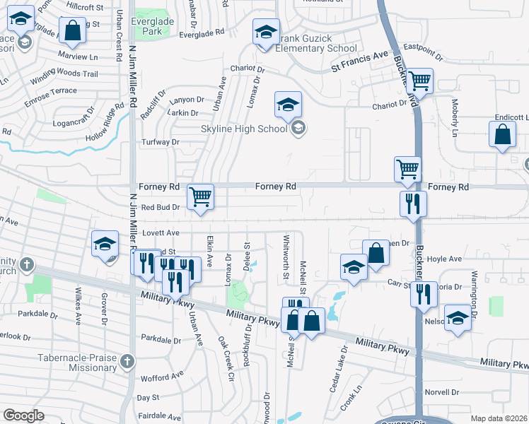 map of restaurants, bars, coffee shops, grocery stores, and more near 7534 Redbud Drive in Dallas