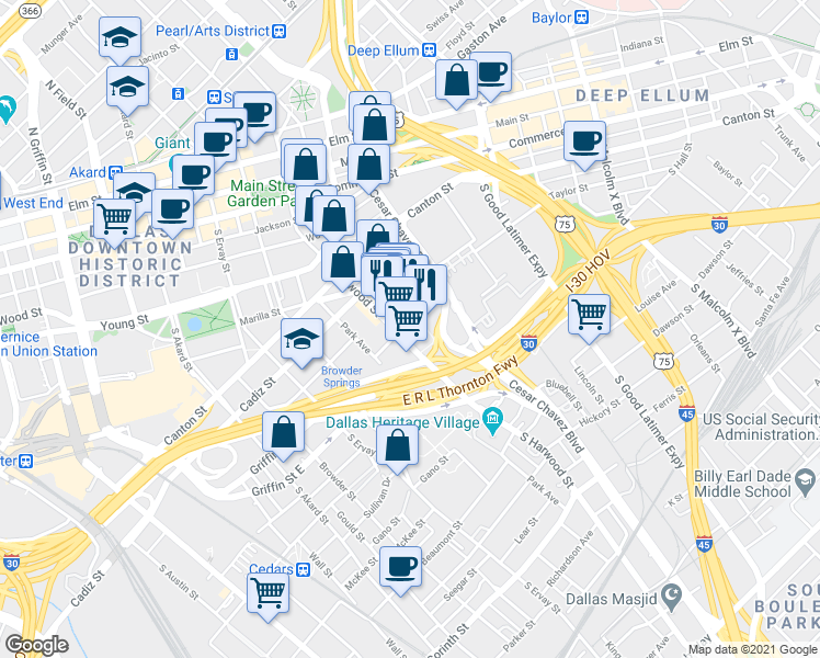 map of restaurants, bars, coffee shops, grocery stores, and more near 1101 South Pearl Expressway in Dallas