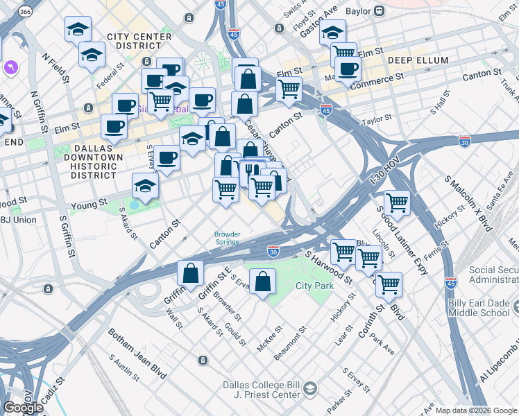 map of restaurants, bars, coffee shops, grocery stores, and more near 1015 South Harwood Street in Dallas