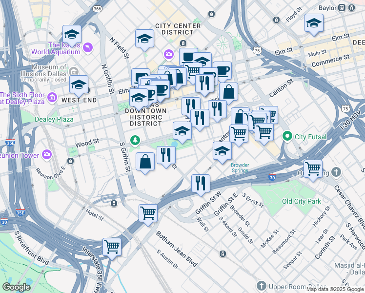 map of restaurants, bars, coffee shops, grocery stores, and more near Everwood Court in Dallas