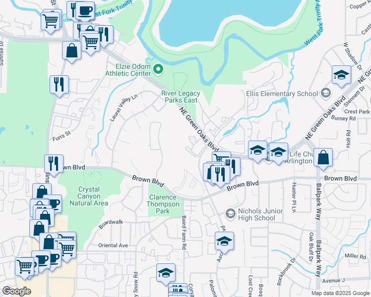 map of restaurants, bars, coffee shops, grocery stores, and more near 1729 Ascension Point Drive in Arlington