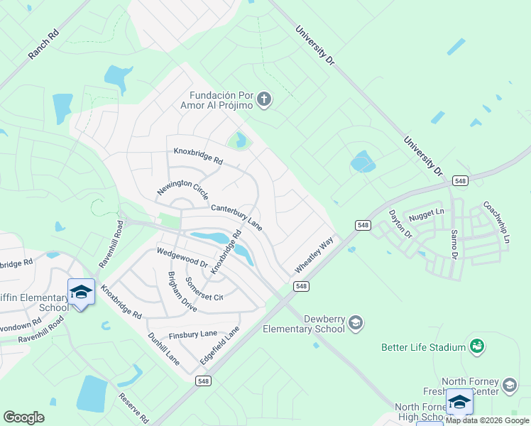 map of restaurants, bars, coffee shops, grocery stores, and more near 1537 Tavistock Road in Forney