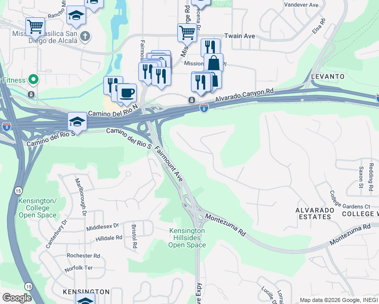 map of restaurants, bars, coffee shops, grocery stores, and more near 4505 Palo Verde Terrace in San Diego