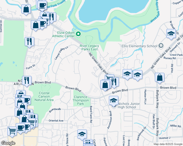 map of restaurants, bars, coffee shops, grocery stores, and more near 1729 Ascension Point Drive in Arlington