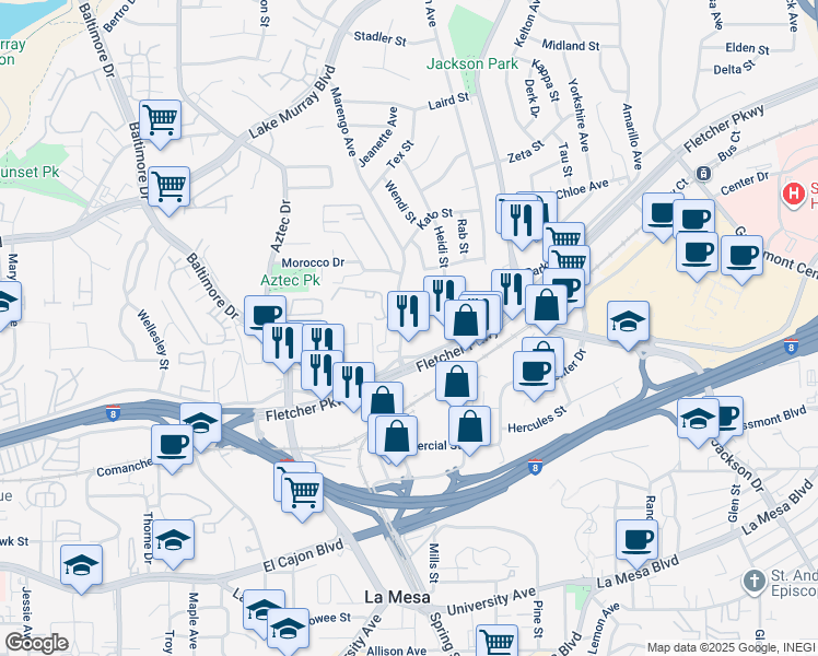 map of restaurants, bars, coffee shops, grocery stores, and more near 5365 Marengo Avenue in La Mesa