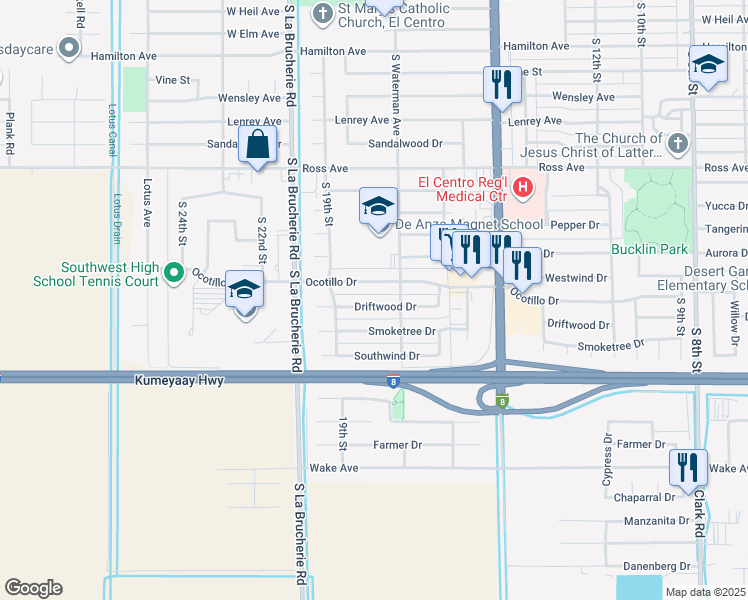 map of restaurants, bars, coffee shops, grocery stores, and more near 1766 Driftwood Drive in El Centro
