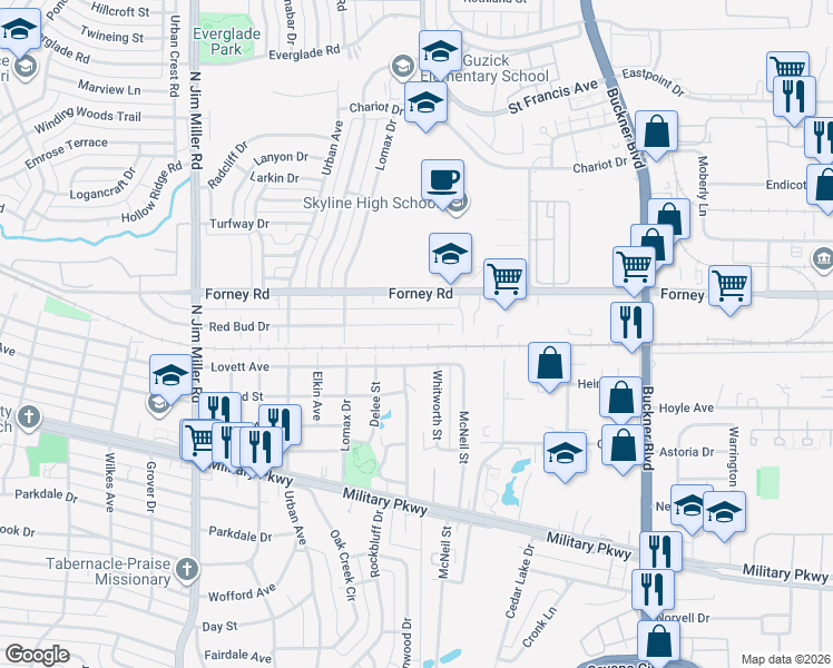 map of restaurants, bars, coffee shops, grocery stores, and more near 7534 Redbud Drive in Dallas