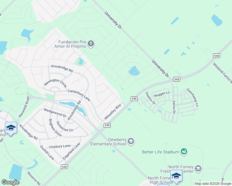 map of restaurants, bars, coffee shops, grocery stores, and more near 1127 Bantham Way in Forney