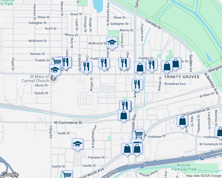 map of restaurants, bars, coffee shops, grocery stores, and more near 1140 Manacor Lane in Dallas