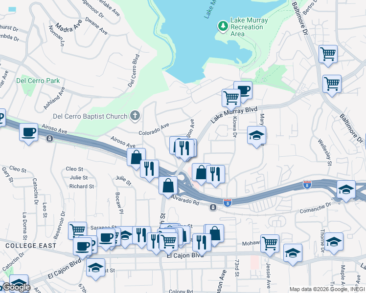 map of restaurants, bars, coffee shops, grocery stores, and more near 6923 Oregon Avenue in La Mesa