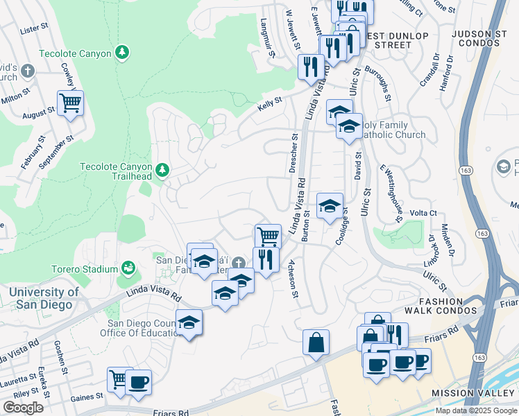 map of restaurants, bars, coffee shops, grocery stores, and more near 6640 Glidden Street in San Diego