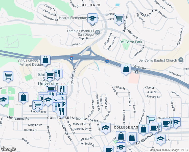 map of restaurants, bars, coffee shops, grocery stores, and more near 5413 Brockbank Place in San Diego