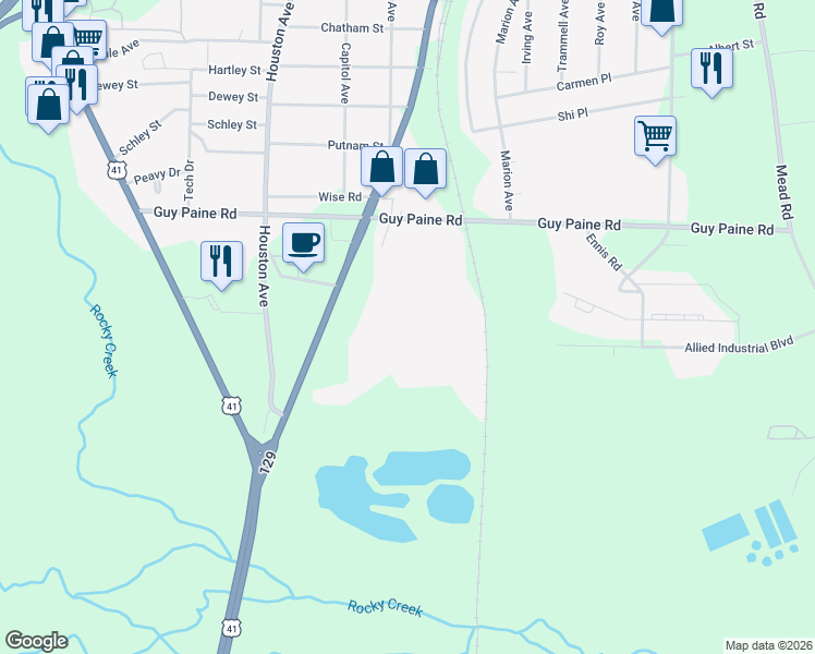 map of restaurants, bars, coffee shops, grocery stores, and more near 4520 Broadway in Macon