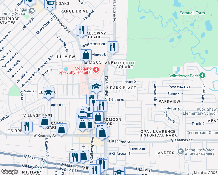 map of restaurants, bars, coffee shops, grocery stores, and more near 928 North Bryan-Belt Line Road in Mesquite