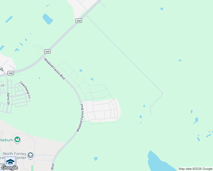 map of restaurants, bars, coffee shops, grocery stores, and more near WindMill Farms Boulevard in Forney