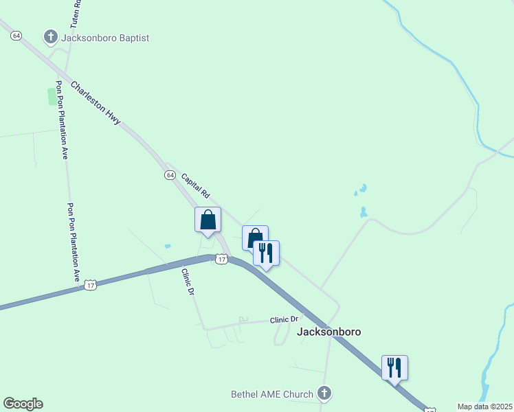 map of restaurants, bars, coffee shops, grocery stores, and more near 87 Riley Lane in Jacksonboro