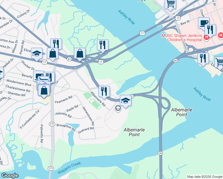 map of restaurants, bars, coffee shops, grocery stores, and more near 10 Transom Court in Charleston
