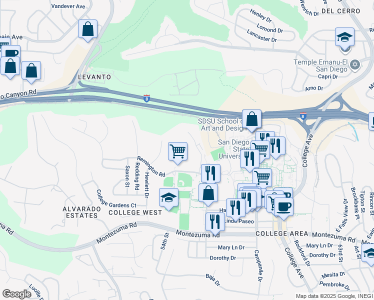 map of restaurants, bars, coffee shops, grocery stores, and more near 5430 55th Street in San Diego