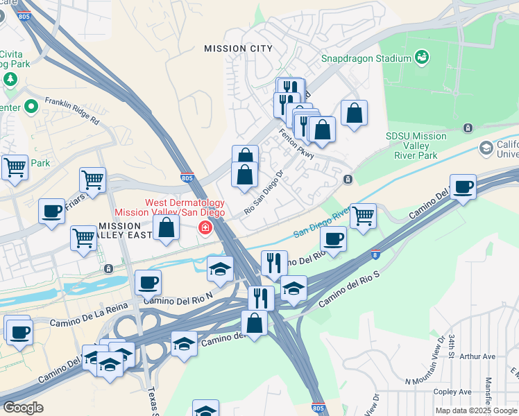 map of restaurants, bars, coffee shops, grocery stores, and more near 9979 Rio San Diego Drive in San Diego