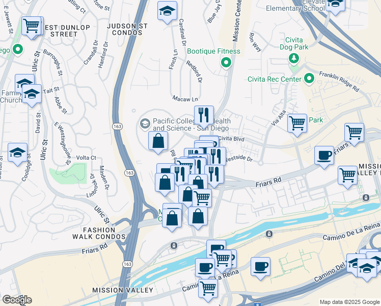 map of restaurants, bars, coffee shops, grocery stores, and more near 7645 Mission Valley Road in San Diego