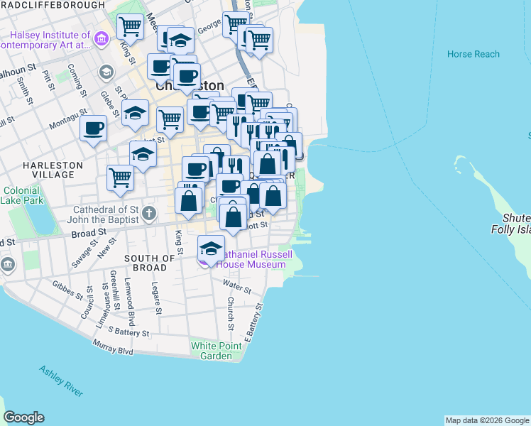 map of restaurants, bars, coffee shops, grocery stores, and more near in Charleston