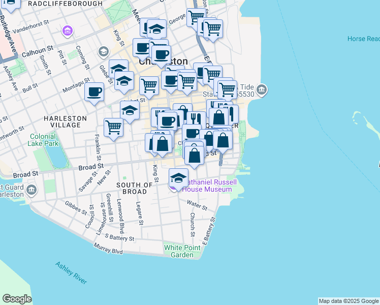 map of restaurants, bars, coffee shops, grocery stores, and more near 43 Broad Street in Charleston