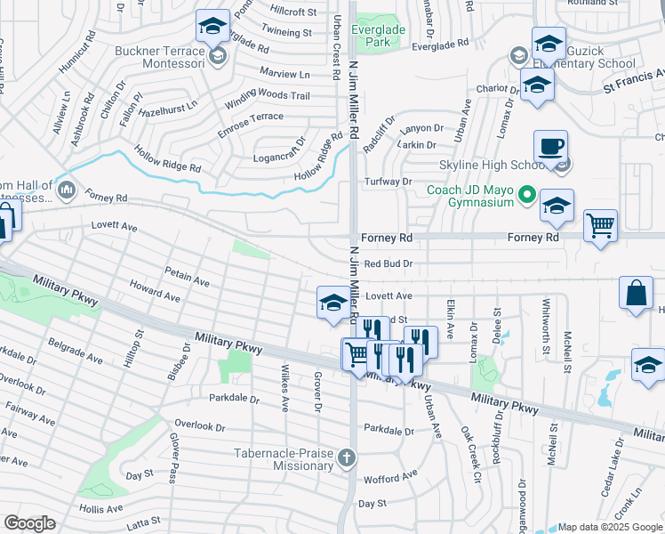 map of restaurants, bars, coffee shops, grocery stores, and more near 4509 North Jim Miller Road in Dallas