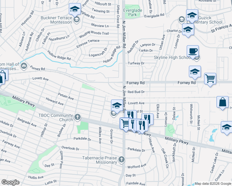 map of restaurants, bars, coffee shops, grocery stores, and more near 4509 North Jim Miller Road in Dallas