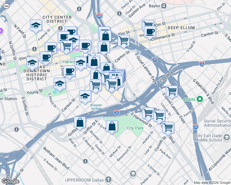map of restaurants, bars, coffee shops, grocery stores, and more near 1101 South Pearl Expressway in Dallas