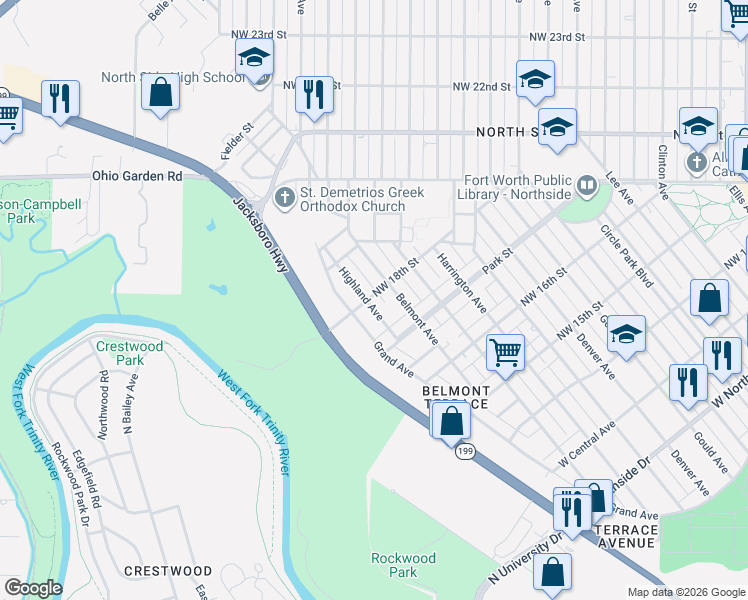 map of restaurants, bars, coffee shops, grocery stores, and more near 1816 Highland Avenue in Fort Worth